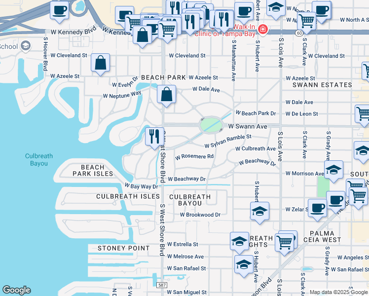 map of restaurants, bars, coffee shops, grocery stores, and more near 4524 Woodmere Road in Tampa