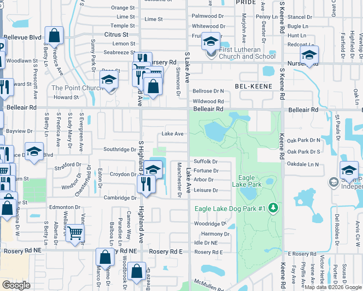 map of restaurants, bars, coffee shops, grocery stores, and more near 1660 Monoco Drive in Clearwater