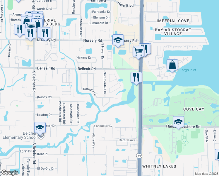 map of restaurants, bars, coffee shops, grocery stores, and more near Foggy Creek Circle in Clearwater