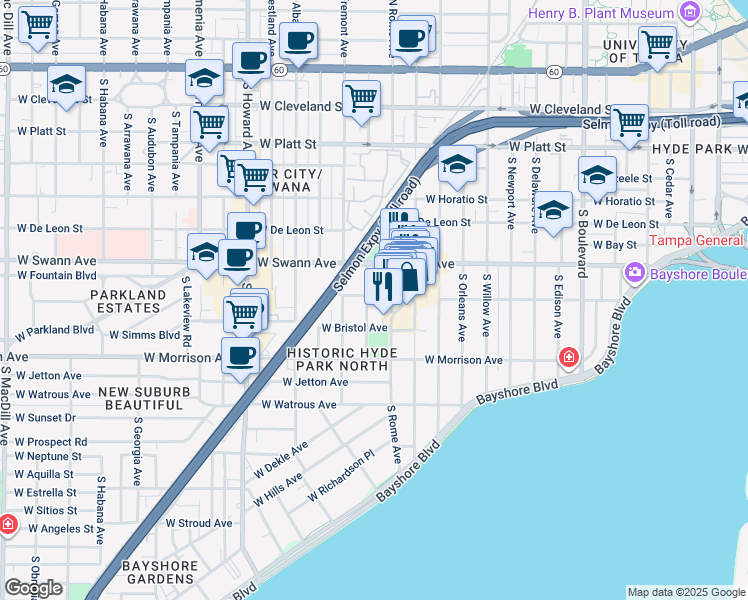 map of restaurants, bars, coffee shops, grocery stores, and more near 800 South Packwood Avenue in Tampa