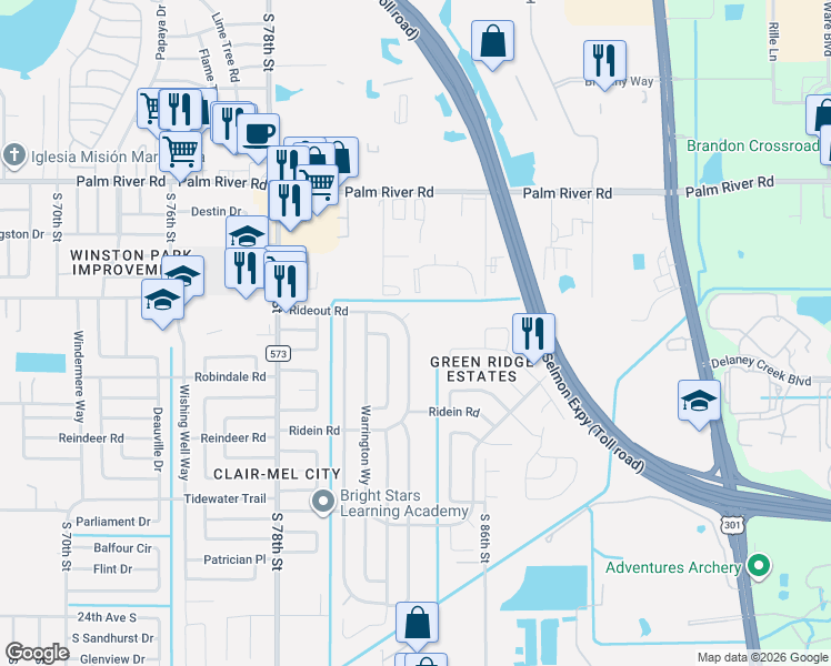 map of restaurants, bars, coffee shops, grocery stores, and more near 1314 Windsor Way in Tampa