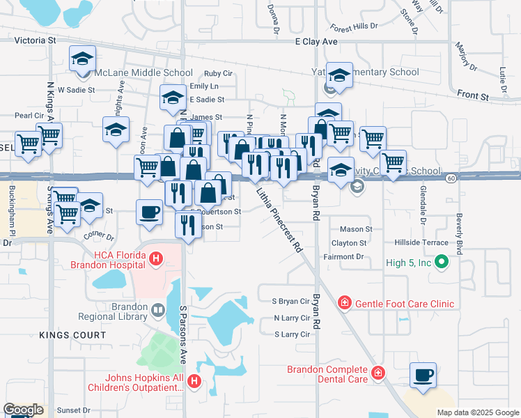 map of restaurants, bars, coffee shops, grocery stores, and more near 331 East Robertson Street in Brandon