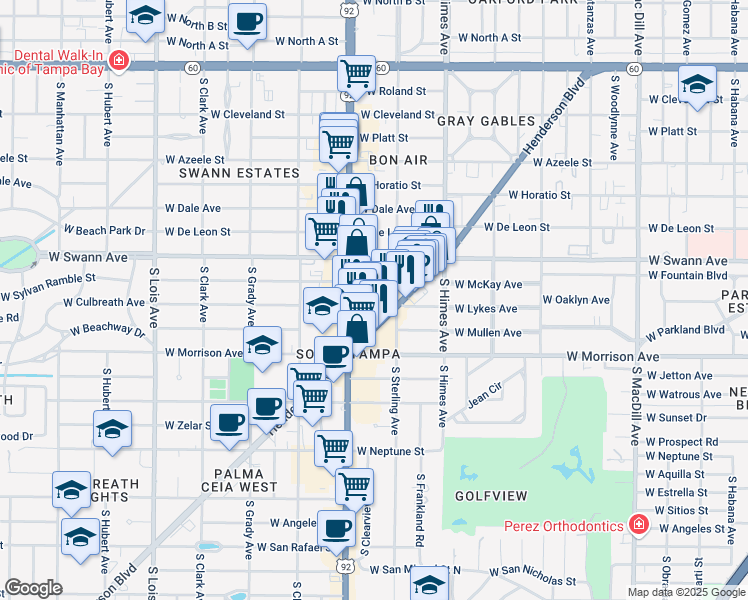 map of restaurants, bars, coffee shops, grocery stores, and more near 3711 West Inman Avenue in Tampa