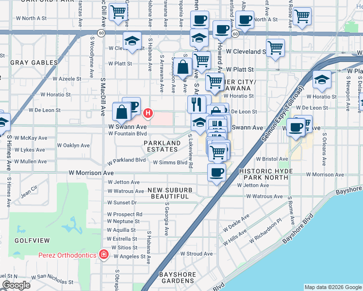 map of restaurants, bars, coffee shops, grocery stores, and more near 2509 West Edgewood Road in Tampa