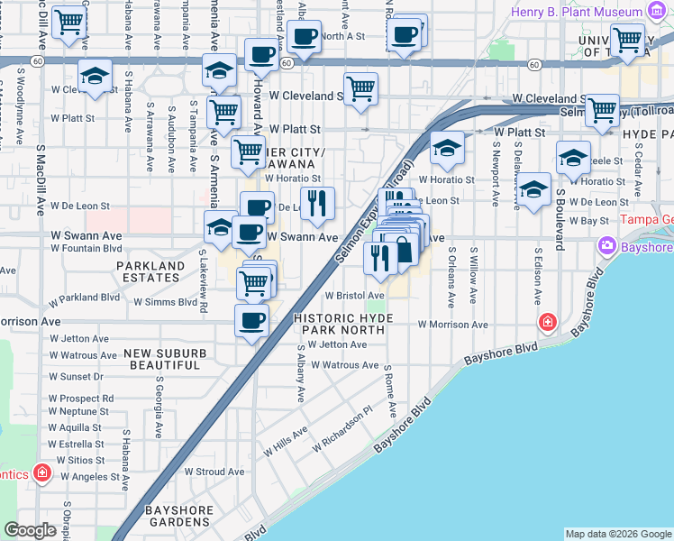 map of restaurants, bars, coffee shops, grocery stores, and more near 801 South Fremont Avenue in Tampa