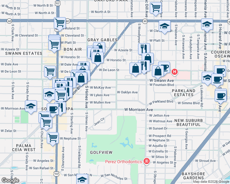 map of restaurants, bars, coffee shops, grocery stores, and more near 3301 West Lykes Avenue in Tampa