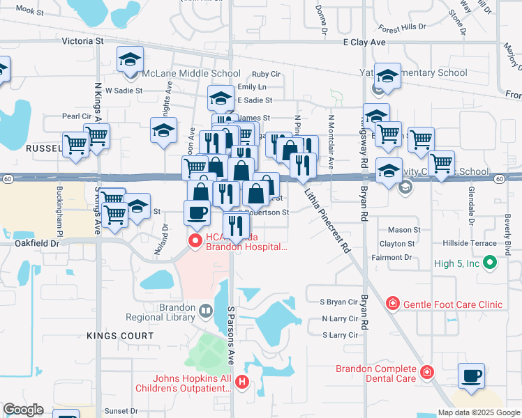 map of restaurants, bars, coffee shops, grocery stores, and more near 206 East Robertson Street in Brandon