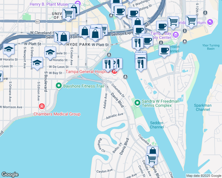 map of restaurants, bars, coffee shops, grocery stores, and more near 17 Davis Boulevard in Tampa