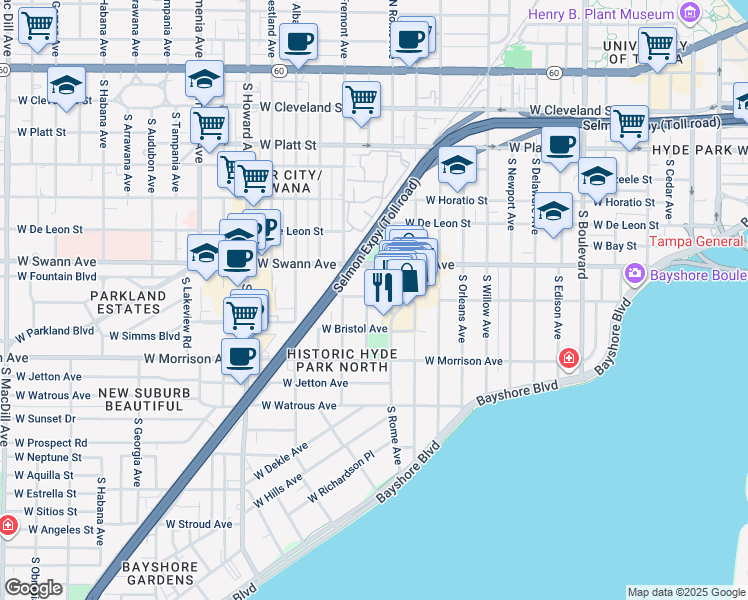 map of restaurants, bars, coffee shops, grocery stores, and more near 800 South Packwood Avenue in Tampa