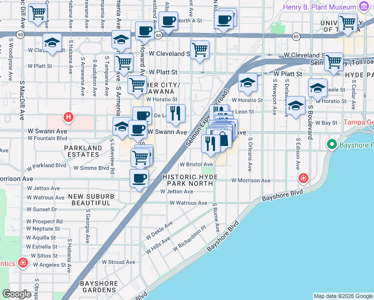 map of restaurants, bars, coffee shops, grocery stores, and more near 801 South Fremont Avenue in Tampa