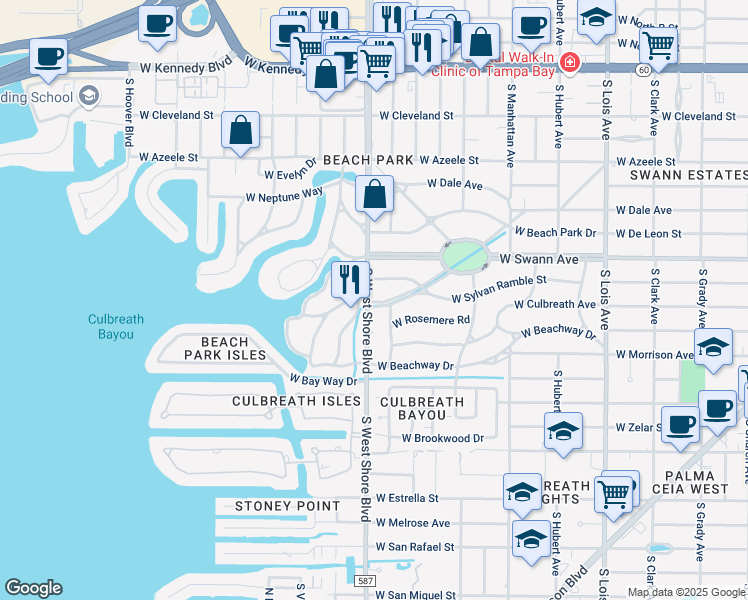 map of restaurants, bars, coffee shops, grocery stores, and more near 4625 West Woodmere Road in Tampa