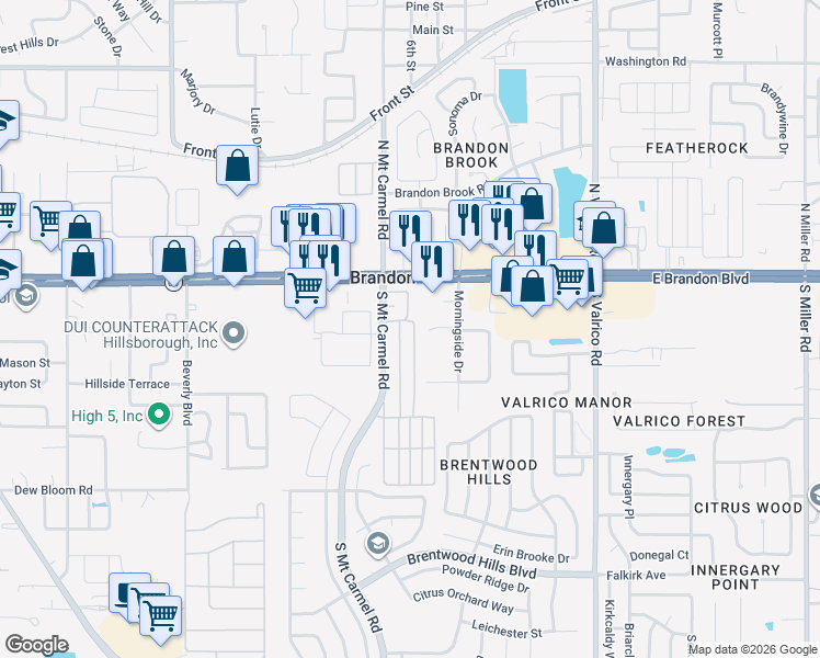 map of restaurants, bars, coffee shops, grocery stores, and more near 204 Third Street in Valrico