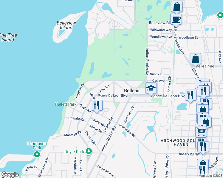 map of restaurants, bars, coffee shops, grocery stores, and more near 1104 Palmview Avenue in Belleair