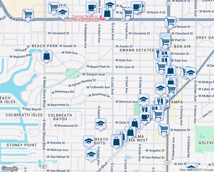 map of restaurants, bars, coffee shops, grocery stores, and more near 718 South Bella Vista Street in Tampa