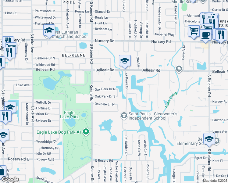 map of restaurants, bars, coffee shops, grocery stores, and more near 1881 Oak Park Drive East in Clearwater