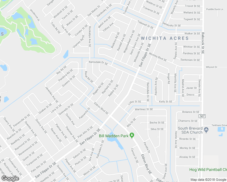 map of restaurants, bars, coffee shops, grocery stores, and more near 1305 Rabbit Street Southeast in Palm Bay