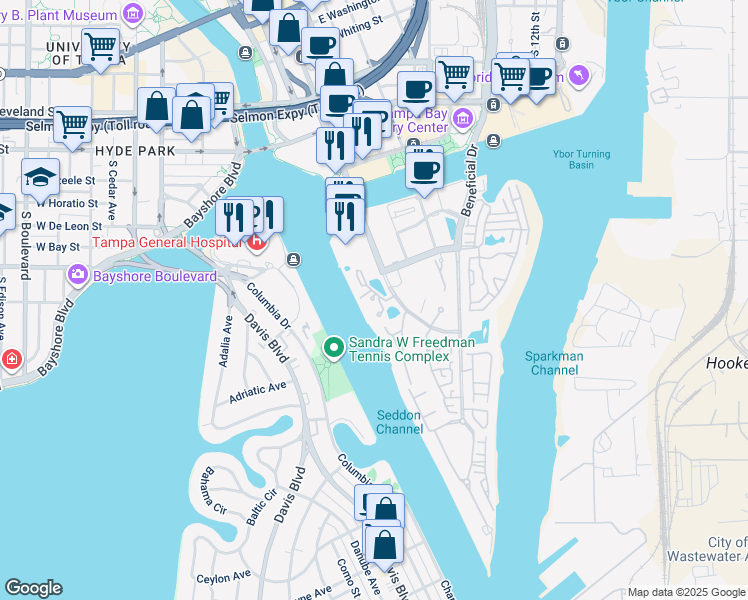 map of restaurants, bars, coffee shops, grocery stores, and more near 839 Seddon Cove Way in Tampa
