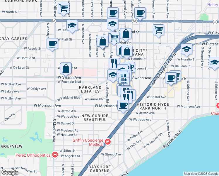 map of restaurants, bars, coffee shops, grocery stores, and more near 808 S Lakeview Rd in Tampa