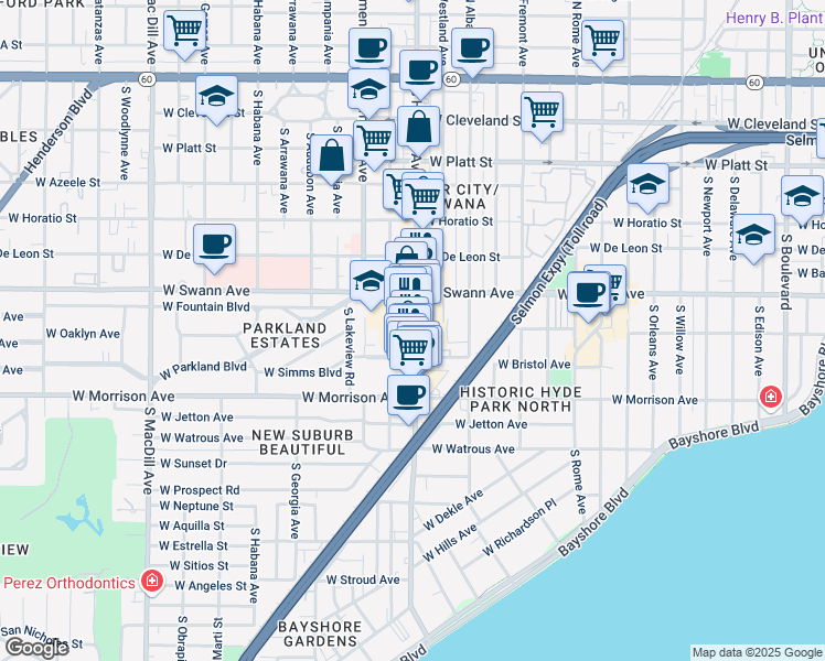 map of restaurants, bars, coffee shops, grocery stores, and more near 717 South Howard Avenue in Tampa