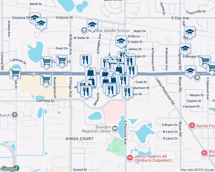 map of restaurants, bars, coffee shops, grocery stores, and more near 187 South Moon Avenue in Brandon