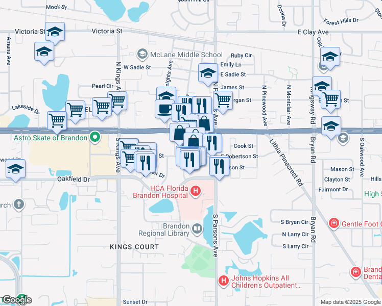 map of restaurants, bars, coffee shops, grocery stores, and more near 187-199 South Moon Avenue in Brandon