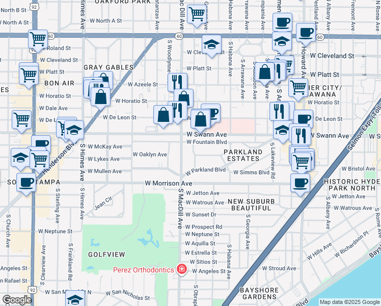 map of restaurants, bars, coffee shops, grocery stores, and more near 809 South Woodlyn Drive in Tampa