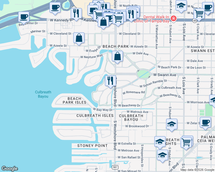 map of restaurants, bars, coffee shops, grocery stores, and more near 4807 West Woodmere Road in Tampa