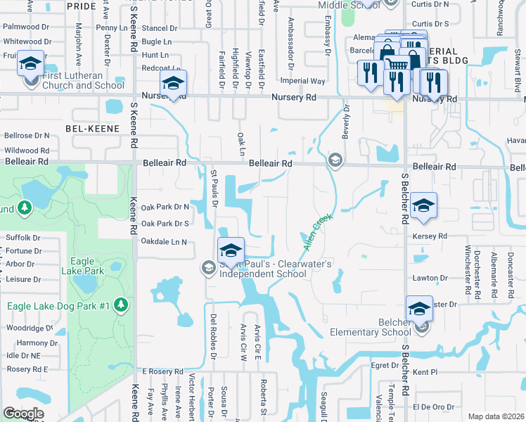 map of restaurants, bars, coffee shops, grocery stores, and more near 1670 Fox Road in Clearwater