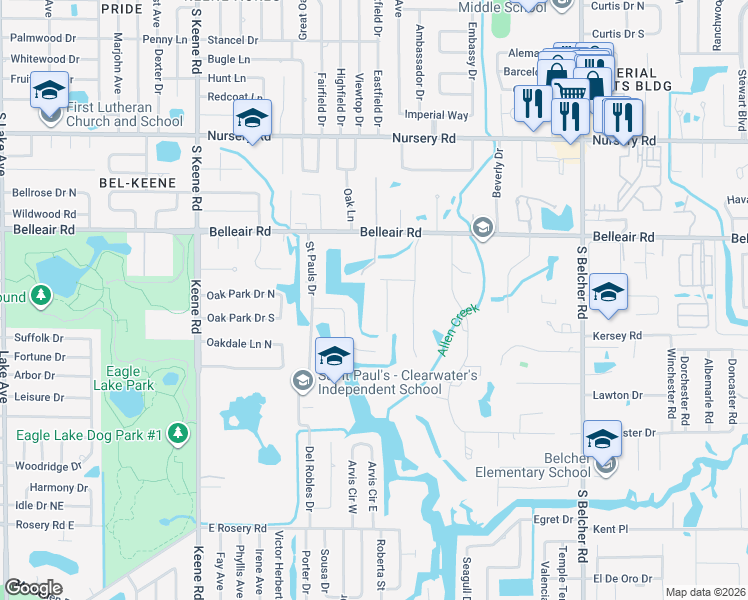 map of restaurants, bars, coffee shops, grocery stores, and more near 1670 Fox Road in Clearwater