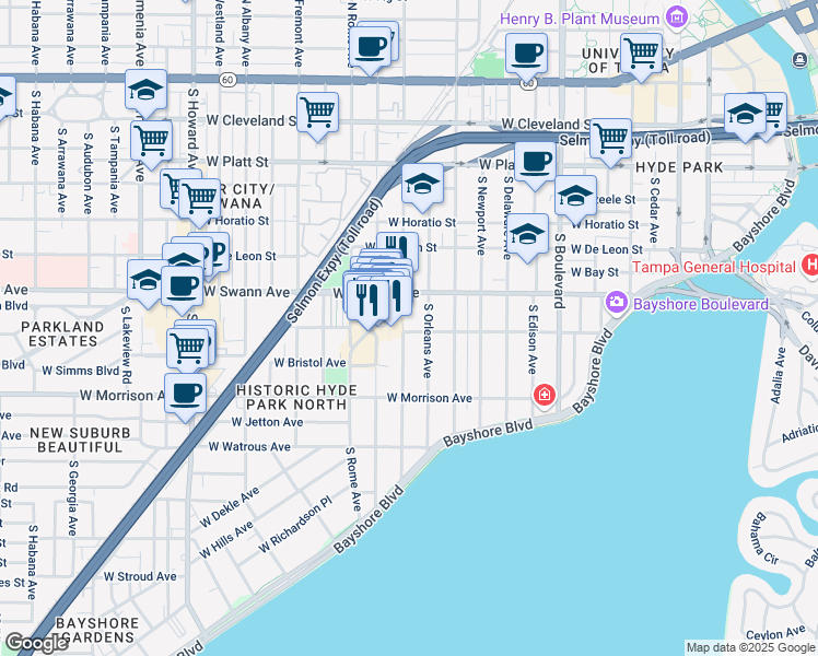 map of restaurants, bars, coffee shops, grocery stores, and more near 726 West Inman Avenue in Tampa