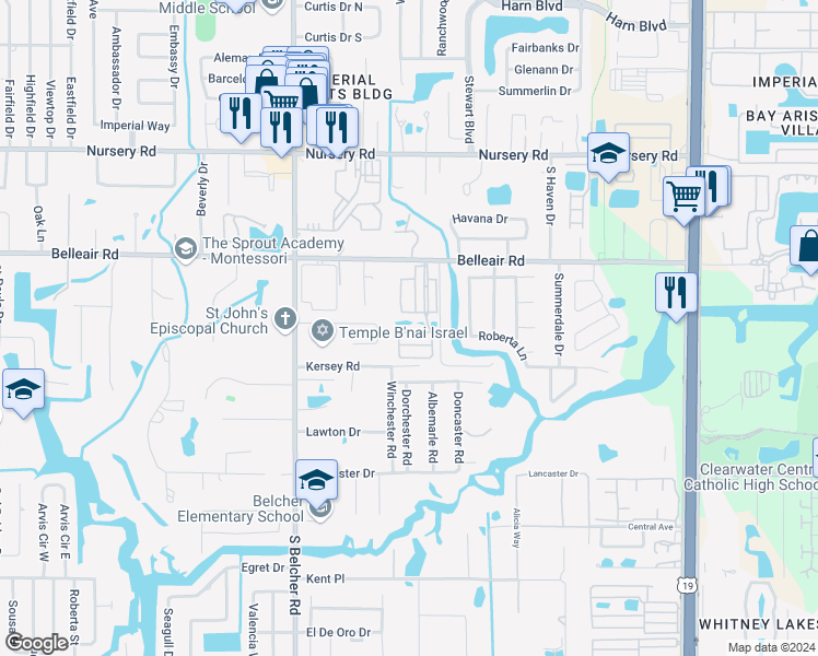 map of restaurants, bars, coffee shops, grocery stores, and more near 610 6th Street in Clearwater