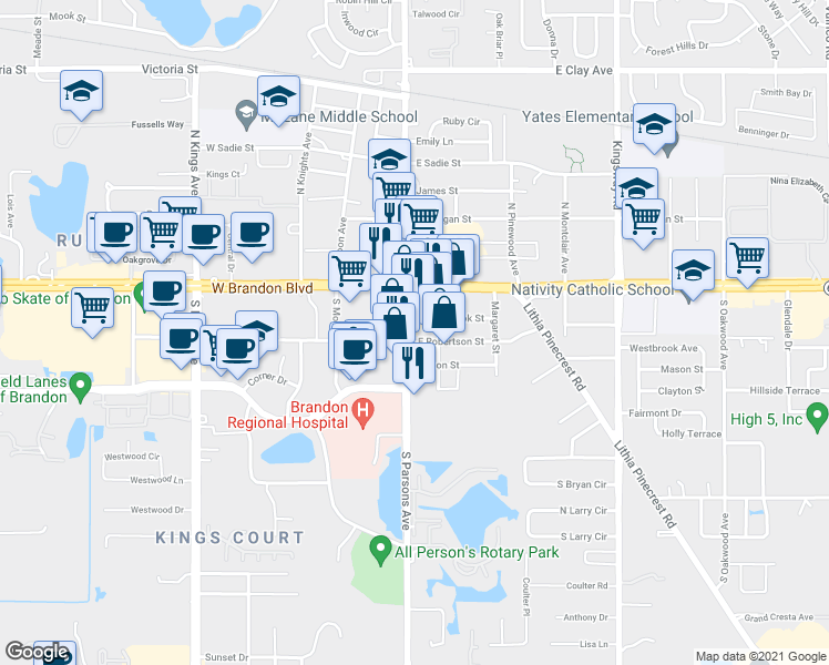 map of restaurants, bars, coffee shops, grocery stores, and more near 137 South Parsons Avenue in Brandon