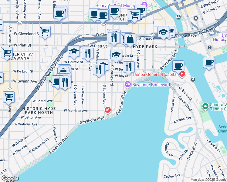 map of restaurants, bars, coffee shops, grocery stores, and more near 722 South Boulevard in Tampa