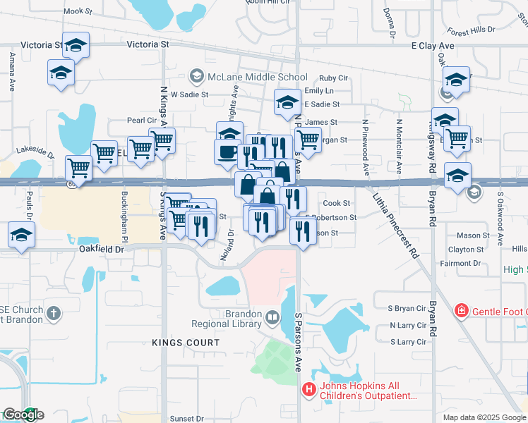 map of restaurants, bars, coffee shops, grocery stores, and more near 187-199 South Moon Avenue in Brandon