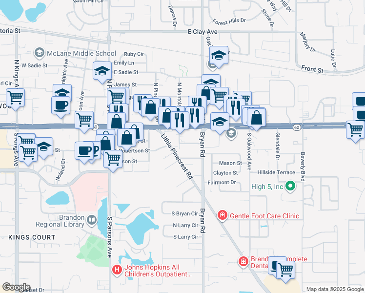 map of restaurants, bars, coffee shops, grocery stores, and more near 501 Wilbur Street in Brandon
