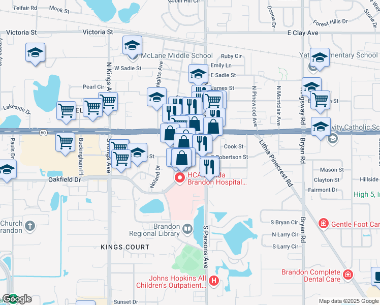 map of restaurants, bars, coffee shops, grocery stores, and more near 132 W Robertson St in Brandon