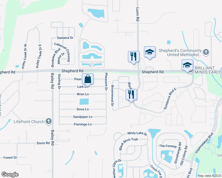 map of restaurants, bars, coffee shops, grocery stores, and more near 2422 Brownwood Drive in Mulberry