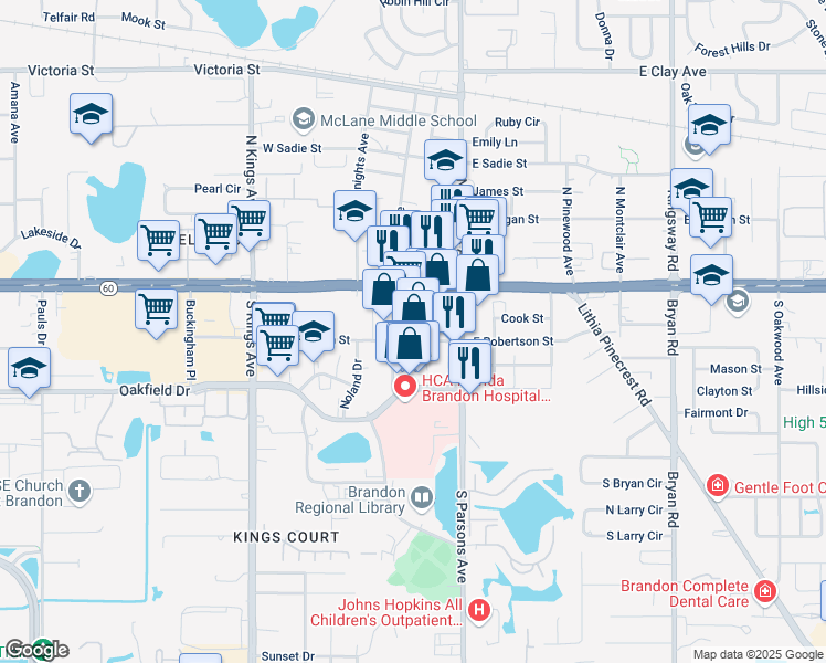 map of restaurants, bars, coffee shops, grocery stores, and more near 132 West Robertson Street in Brandon