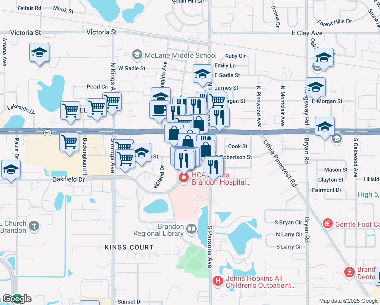 map of restaurants, bars, coffee shops, grocery stores, and more near 132 West Robertson Street in Brandon