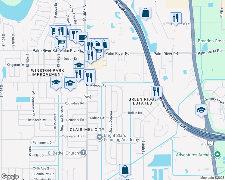 map of restaurants, bars, coffee shops, grocery stores, and more near 1304 Warrington Way in Tampa