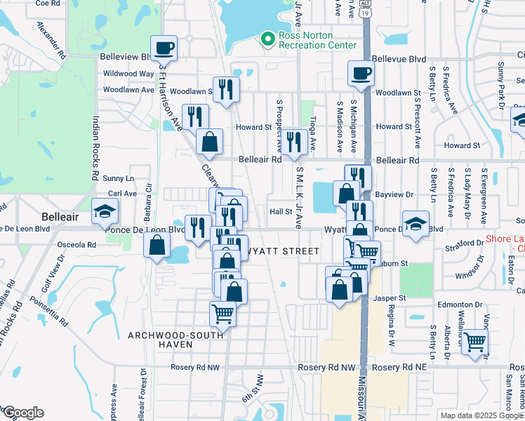 map of restaurants, bars, coffee shops, grocery stores, and more near 1680 Tilley Ave in Clearwater