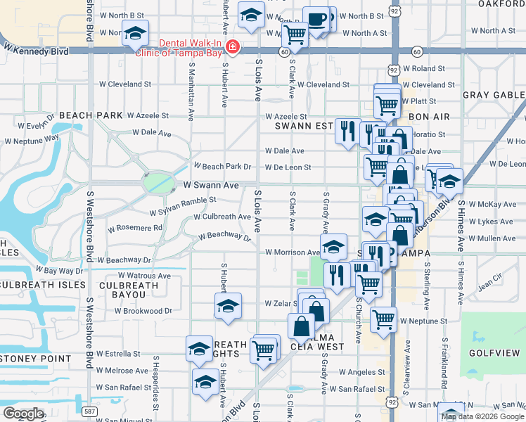 map of restaurants, bars, coffee shops, grocery stores, and more near 714 South Lois Avenue in Tampa
