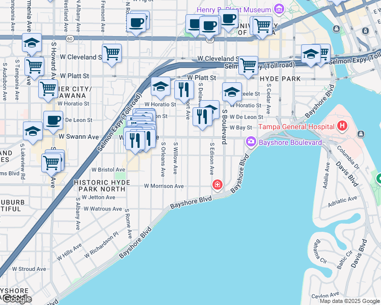 map of restaurants, bars, coffee shops, grocery stores, and more near 716 South Newport Avenue in Tampa