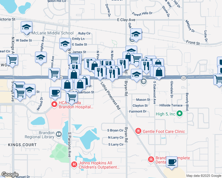 map of restaurants, bars, coffee shops, grocery stores, and more near 501 Wilbur Street in Brandon