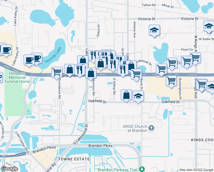 map of restaurants, bars, coffee shops, grocery stores, and more near 1510 Brookside Drive in Brandon