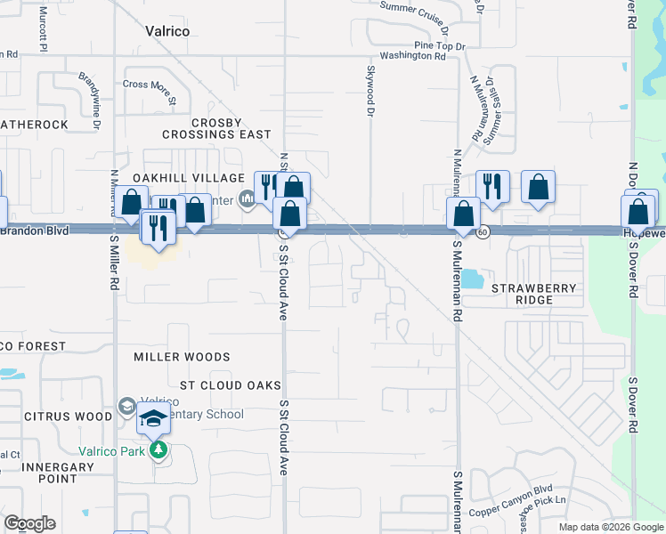 map of restaurants, bars, coffee shops, grocery stores, and more near 2917 Amber Oak Drive in Valrico