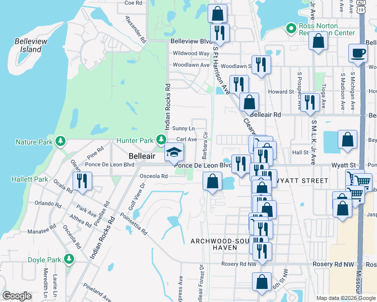 map of restaurants, bars, coffee shops, grocery stores, and more near 1015 Varona Street in Belleair