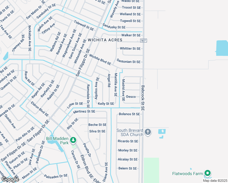 map of restaurants, bars, coffee shops, grocery stores, and more near 2350 Mantilla Avenue Southeast in Palm Bay