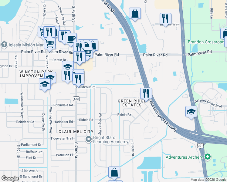 map of restaurants, bars, coffee shops, grocery stores, and more near 1314 Windsor Way in Tampa