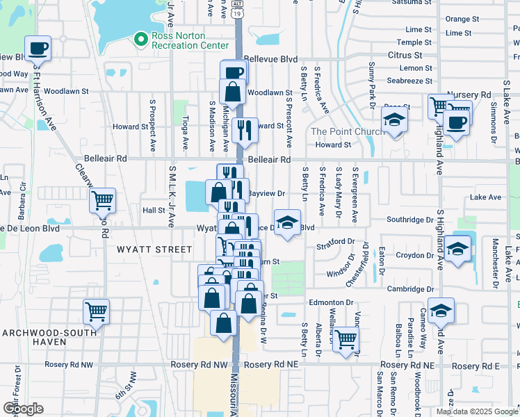 map of restaurants, bars, coffee shops, grocery stores, and more near 1657 South Jefferson Avenue in Clearwater